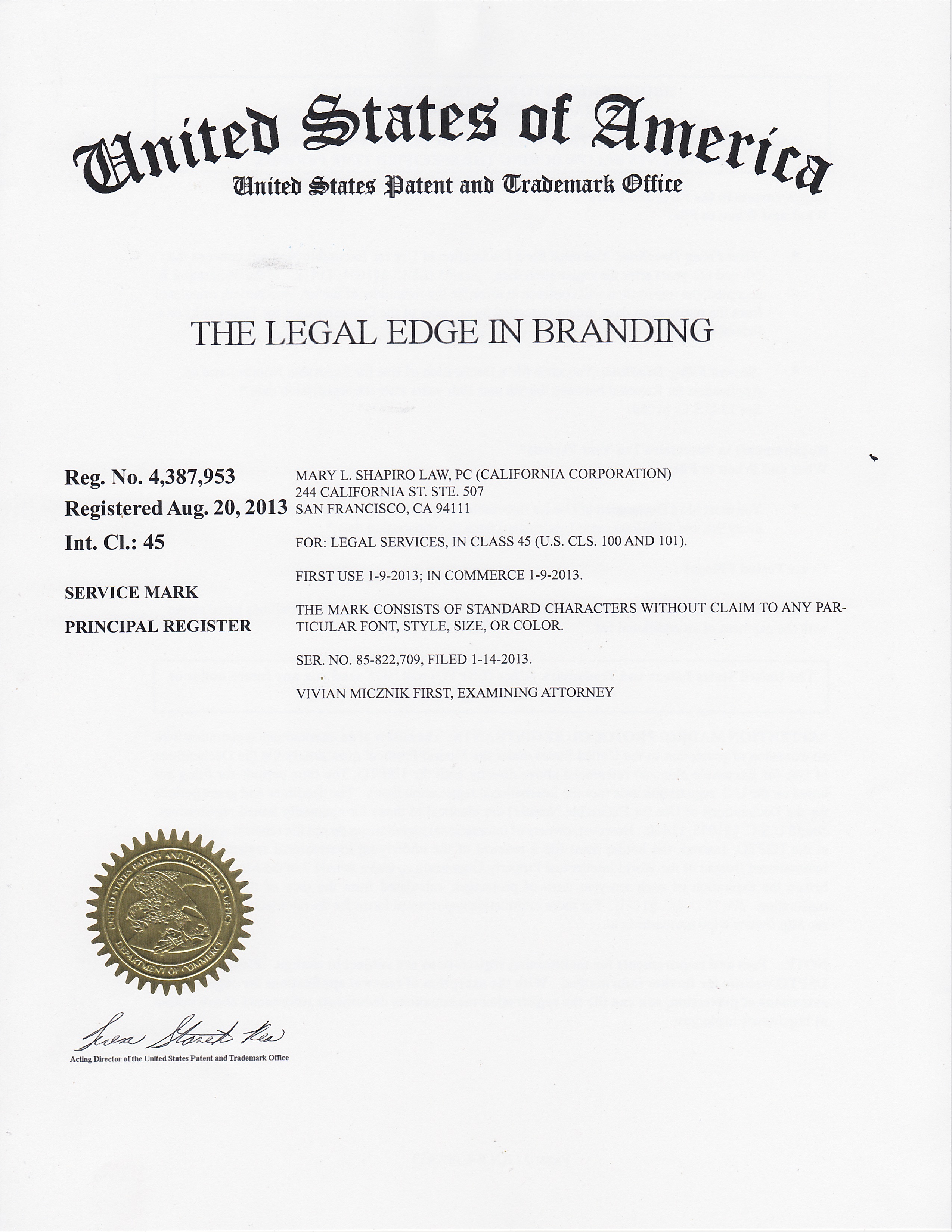 LEGAL EDGE trademark certificate Evoke Law Trademark and Copyright Law